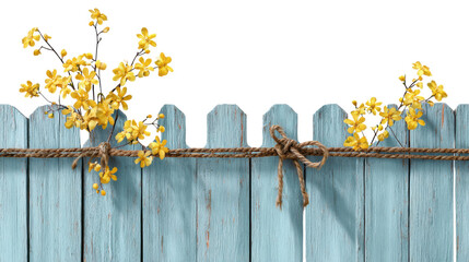 Old wooden blue fence with yellow flowers on white background 