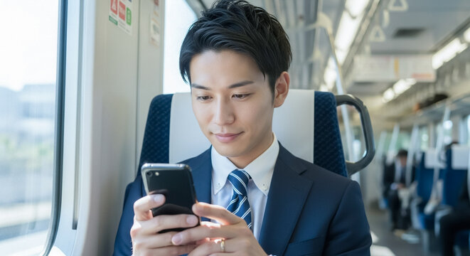 電車内でスマートフォンを操作する男性