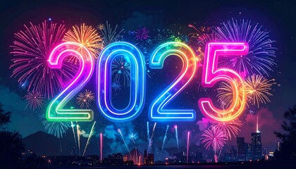 Glowing neon "2025" amidst vibrant fireworks bursting above a city skyline at night. A festive scene filled with color