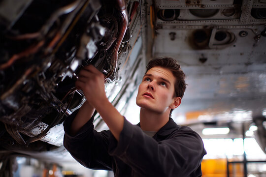 Young mechanic performing maintenance on aircraft engine in hangar - Powered by Adobe