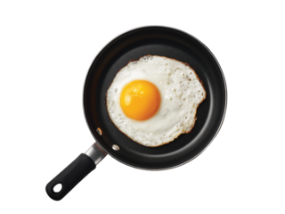 fry pan black handle with fried egg isolated on transparent background, Clipart png