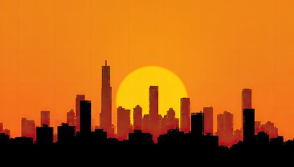 Naklejka premium Silhouette city skyline at sunset, vibrant orange sky