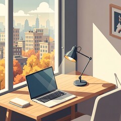 Cozy Workspace with City View and Autumnal Ambience