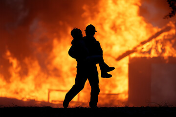 Obraz premium Heroic firefighter rescues child from raging flames in emergency