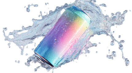 A single colourful tin pack with water splashes on white background 