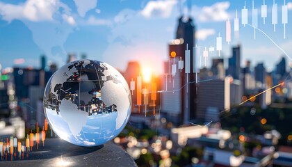 Glass globe sits atop a ledge with a city skyline and stock market graph overlay. Sunlight streams in