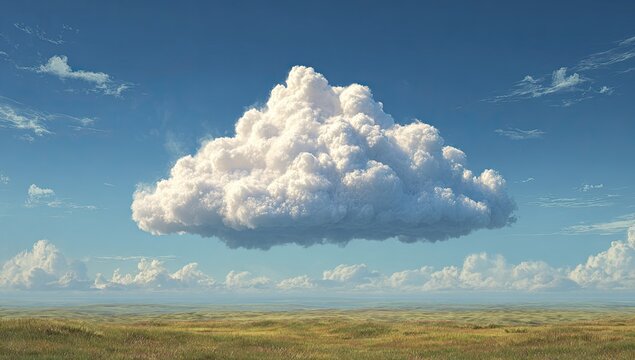 A large cumulus cloud floats over a vast grassy plain under a vibrant blue sky