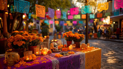 Day of the Dead Altar with Photos, Candles and Marigolds