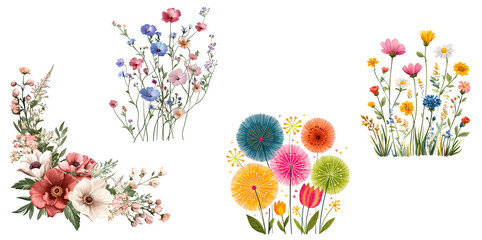 Collection of four isolated floral illustrations, featuring colorful wildflower art and arrangements
