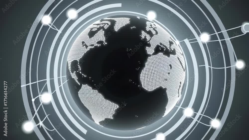 Poster animated earth globe with glowing rings and dots for presentation background and intro video footage