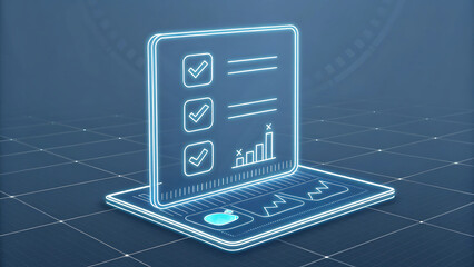 Futuristic digital checklist glowing on a futuristic tablet device with data charts