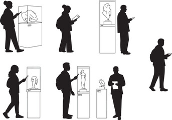 Silhouette people visiting art museum, viewing sculptures, modern exhibition, cultural exploration, gallery visitors, educational tour, artistic appreciation, mobile phone interaction illustration