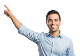Fototapeta premium Confident man pointing upward with a friendly smile and blue shirt transparent background