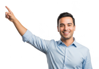 Confident man pointing upward with a friendly smile and blue shirt transparent background