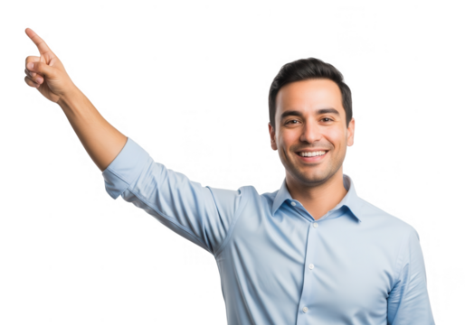 Confident man pointing upward with a friendly smile and blue shirt transparent background