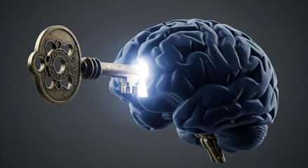A powerful conceptual metaphor for unlocking the mind's potential, showing an antique key unlocking a glowing human brain to reveal creativity and intelligence.