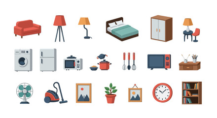 Collection of diverse household furniture, appliances, and decor items in a flat, colorful illustration style.