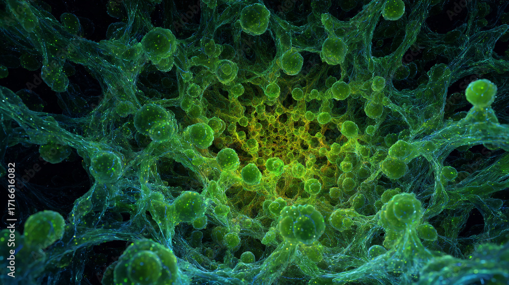 Poster microscopic view of a vibrant green cellular network with glowing spheres interconnected by intricat