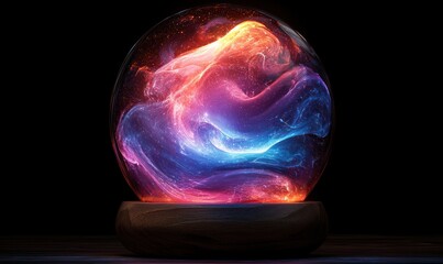 A glowing orb, swirling with vibrant colors, sits atop a wooden base