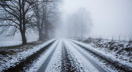 Winter Road Through Fog with Bare Trees and Tire Tracks