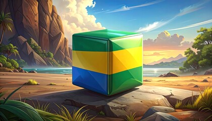 A vibrant, colorful cube sits atop rocks on a tropical beach, showcasing a design reminiscent of a national flag, under a beautiful, serene sunset.