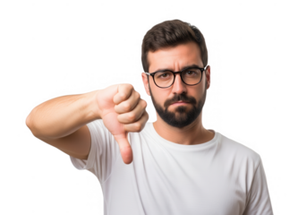 Man with glasses gives thumbs down gesture indicating disapproval and negative feedback transparent background