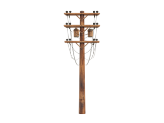 Wooden utility pole with power lines against isolated on transparent background, Clipart png