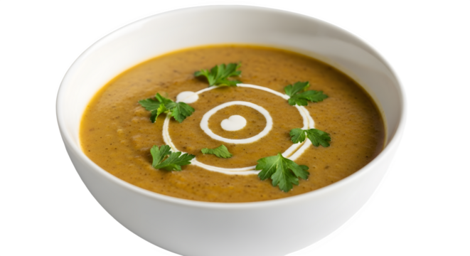 A bowl of delicious lentil soup isolated on transparent background, garnished with fresh cilantro and a swirl of cream for an elegant presentation