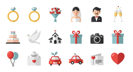 Wedding Icons Set - Rings, Flowers, Bride, Groom, Champagne, Cake, Dove, Church, Gifts, Camera, Balloons, Car, Heart.