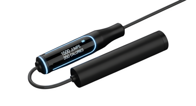 Closeup of a smart skipping rope isolated on transparent background, featuring an led display showing workout data and a sleek design for fitness enthusiasts