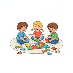 Three children are happily playing together while solving a colorful puzzle on the floor.