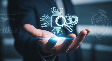 Hand holding glowing technology icons representing data analysis and engineering solutions