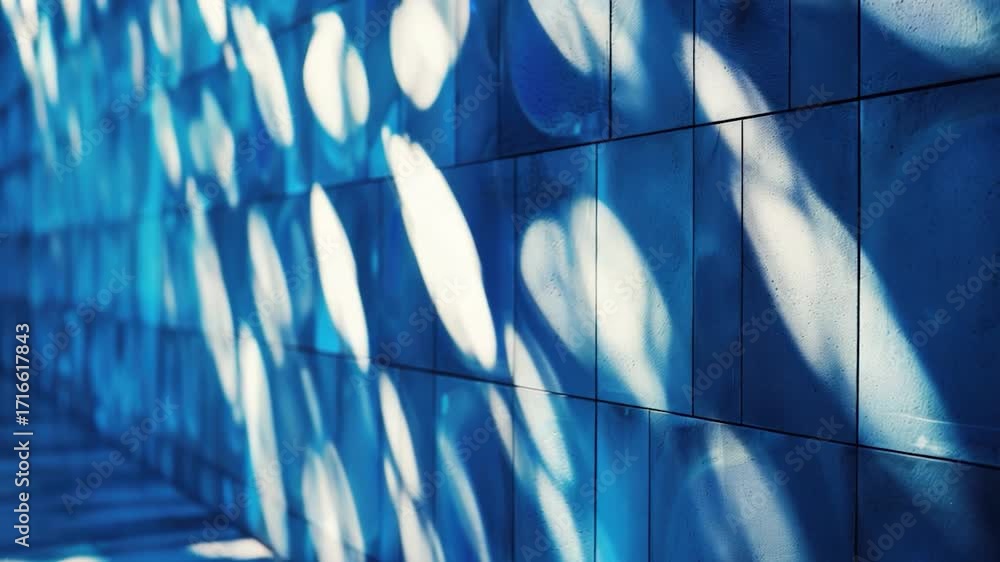 Poster a blue wall with multiple circular patterns and shapes