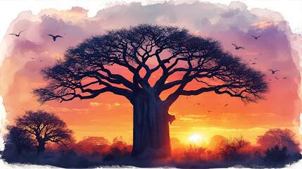 Naklejka premium Majestic Baobab Tree Silhouette Against Vibrant Sunset Sky Abstract Art Ai generated effects 