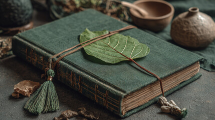Antique book with leaf and tassel surrounded by earthy tones