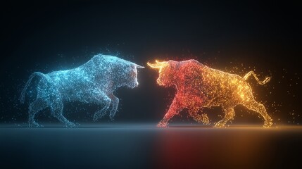 Glowing digital bull and bear facing off, symbolizing market trends with binary code elements. blue bull and orange bear create dynamic, futuristic financial concept