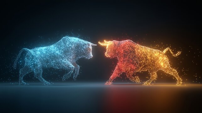 Glowing digital bull and bear facing off, symbolizing market trends with binary code elements. blue bull and orange bear create dynamic, futuristic financial concept