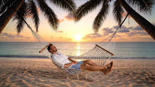 Delighted traveler man soaking up the sun on his summer getaway, unwinding in a hammock strung between two swaying palm trees on a picturesque sandy shore as the sun sets in the background