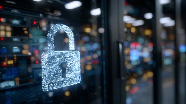 Futuristic digital padlock symbol on server glass door, reflecting circuitry and data streams for enhanced data protection imagery.