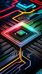 Abstract futuristic digital circuit board with glowing neon lines and a central processor illuminated with vibrant rainbow colors