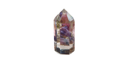 A single small crystal prism surrounded by scattered flower on white background 