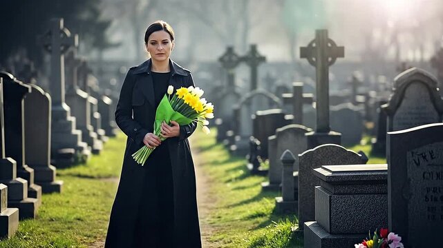 Woman in Black Mourns at Cemetery Holding Yellow Tulips