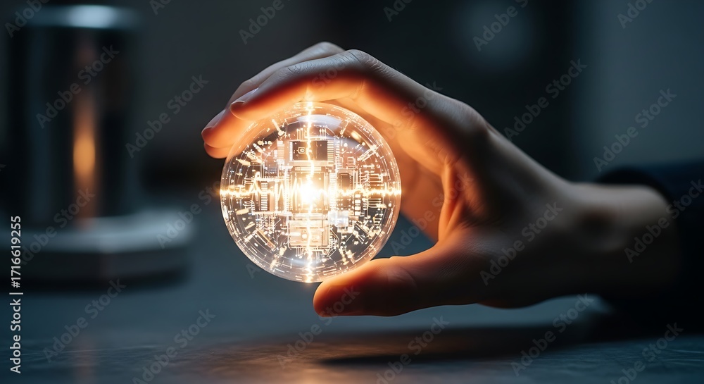 Poster a hand holding a glowing orb with circuit board patterns in a dimly lit futuristic setting scene