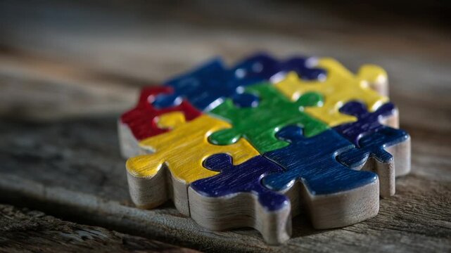 Vivid wooden brain puzzle pieces interlock on an oak table, bathed in warm daylight and painted in bold primary colors.