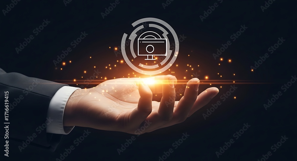 Poster hand presenting a computer monitor icon with digital elements in a dark setting background image