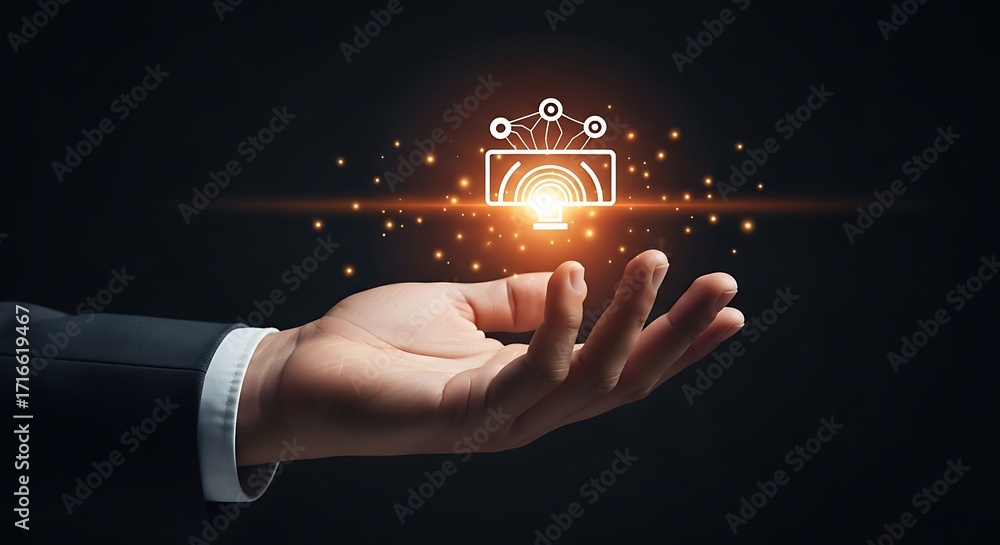 Poster hand holding glowing network icon with connection points on a dark background in studio shot