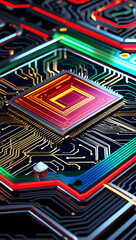 Close up macro view of a futuristic glowing computer processor chip with intricate circuit board pathways and vibrant neon lights