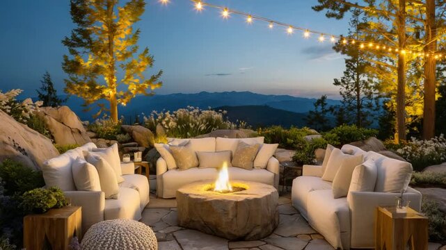 Experience a cozy outdoor retreat with a stone fire pit, plush seating, rustic wooden table, and enchanting golden string lights at sunset.
