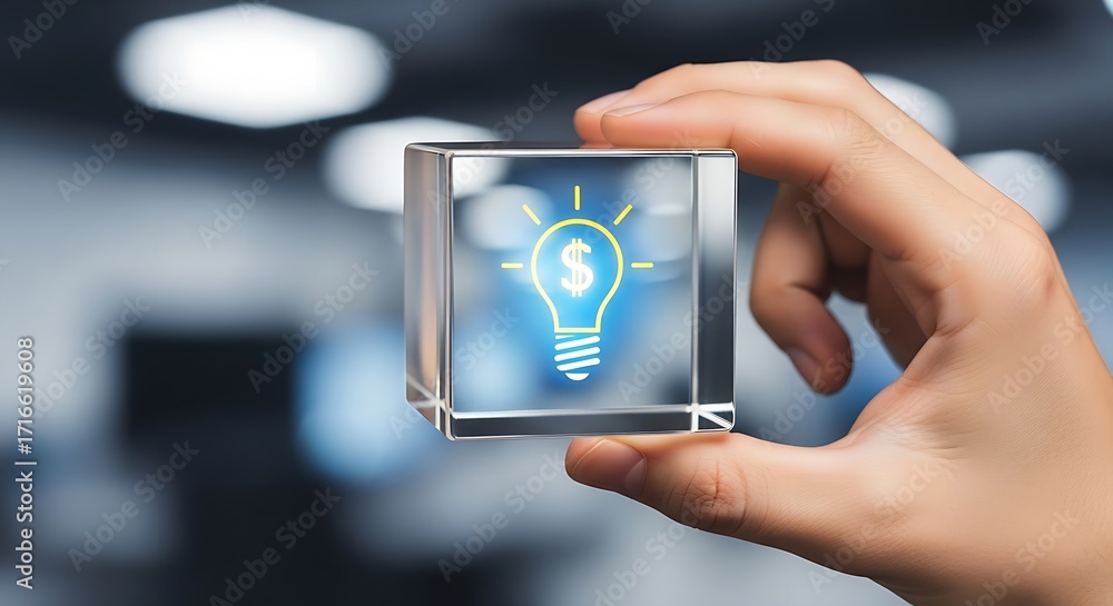 Poster hand holding a clear cube with a lightbulb and dollar sign inside representing a bright idea