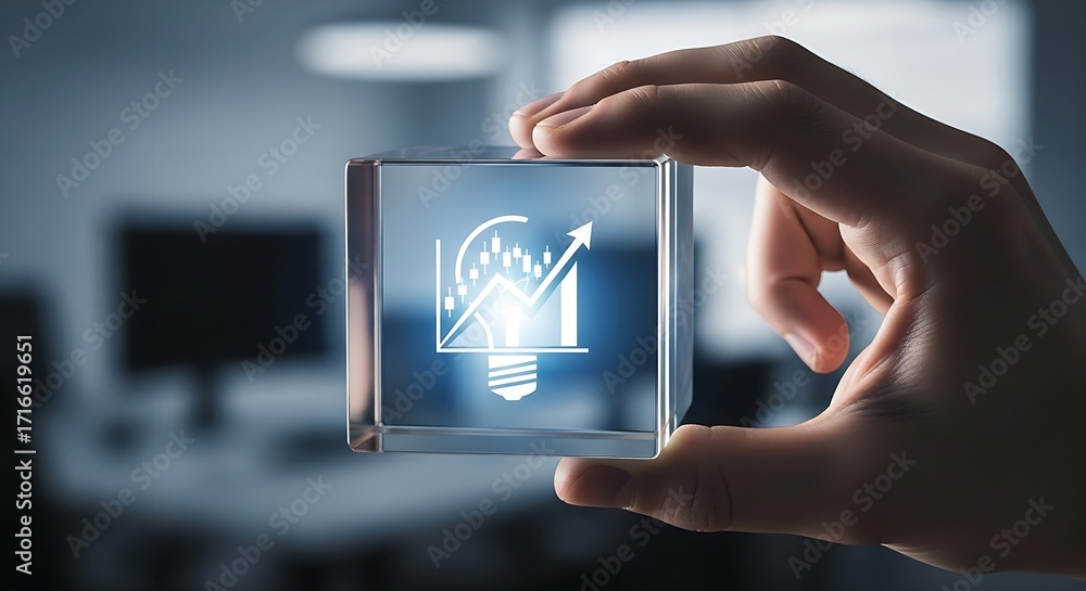 Poster hand holding a clear cube with a lightbulb and upward trending graph inside in a blurred office